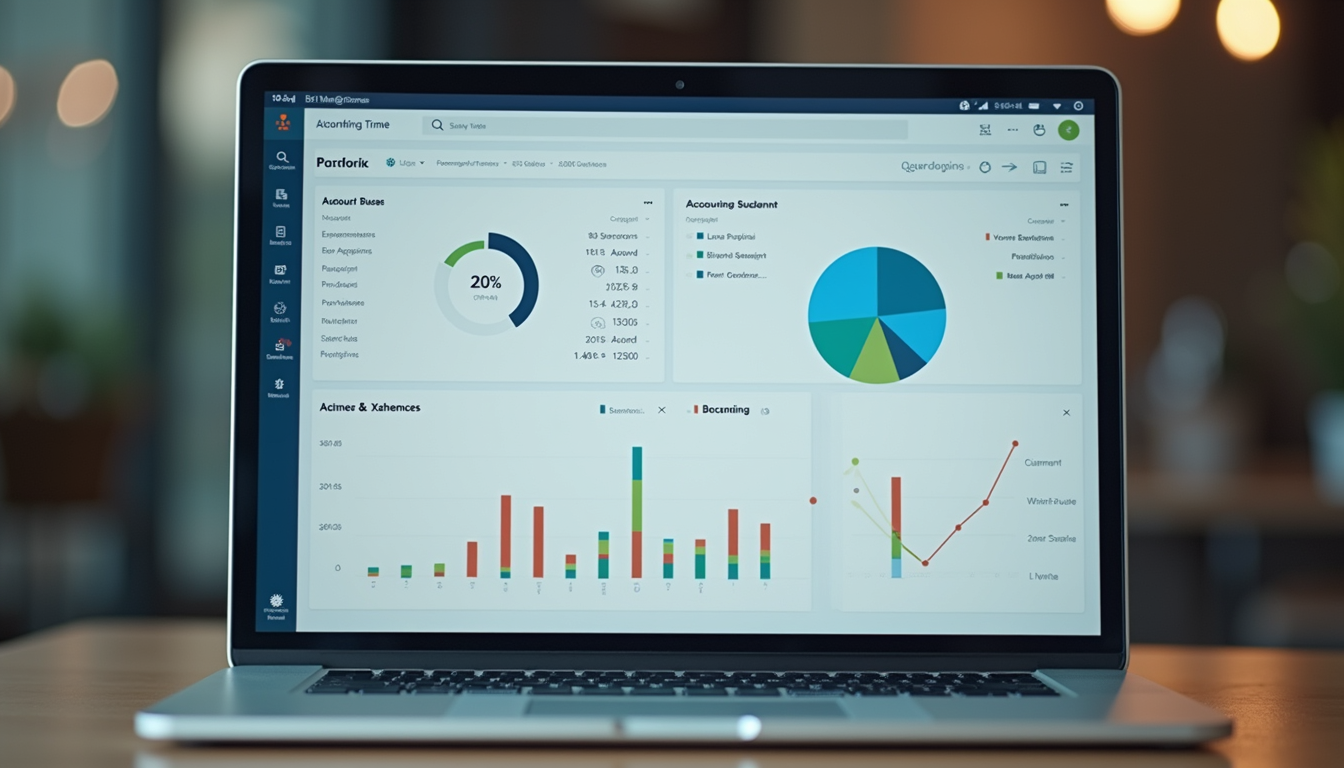 Eye-level view of a laptop screen showing accounting software dashboard
